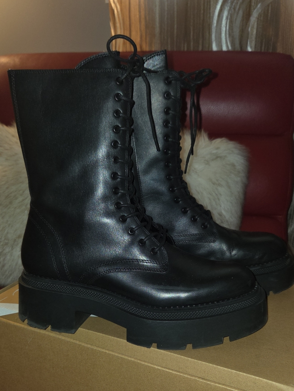 Zara Black Leather Lace-Up Platform Combat Boots, Sz 11